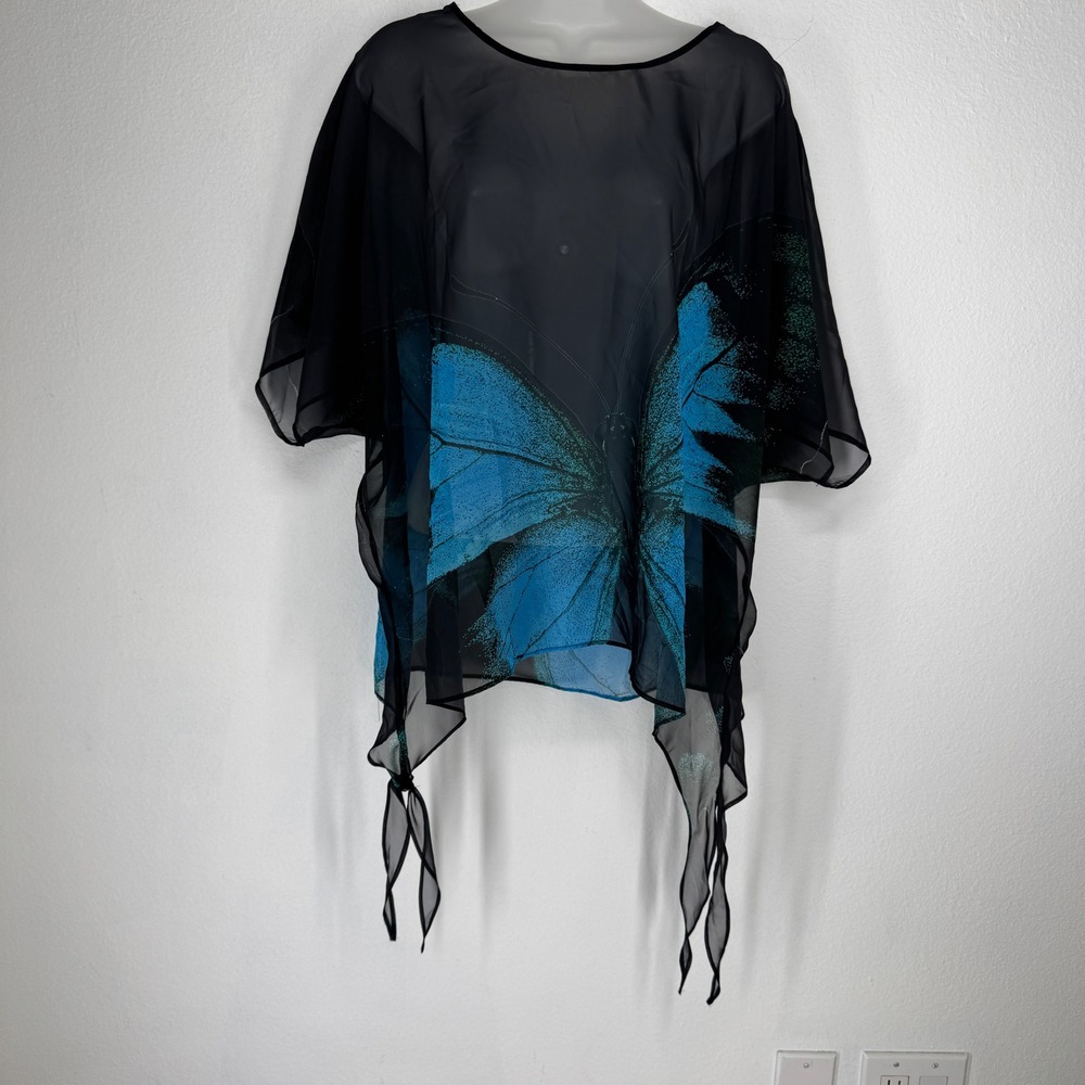 Women Butterfly Sheer Poncho Top XS Oversized Chiffon Graphic Fairy Whimsigoth